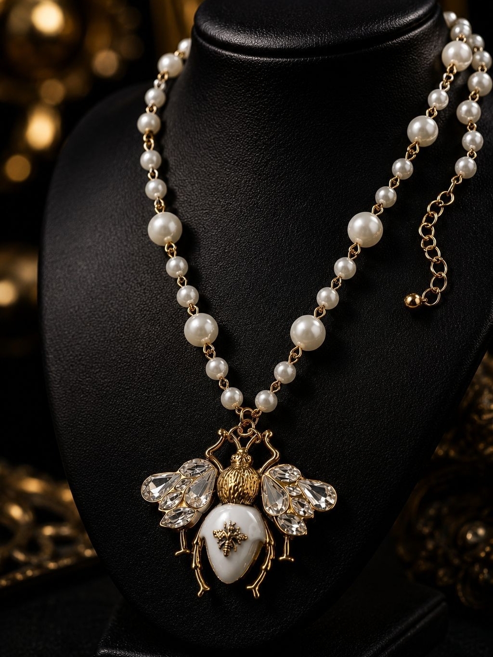 Gold and White Bee Pendant Pearl Necklace